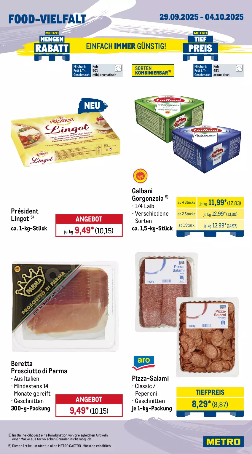 Aktueller Prospekt Metro - Wochen-Angebote Gastro - von 29.09 bis 04.10.2025 - strona 10 - produkty: angebot, beutel, blattspinat, eis, galbani, gorgonzola, kartoffel, kartoffeln, kuchen, lorenz, mac, Metro, metro gastro, milch, peperoni, Peroni, pizza, prosciutto, Prosciutto di Parma, reis, salami, schnitten, schoko, spinat, Ti, tiefpreis, tisch