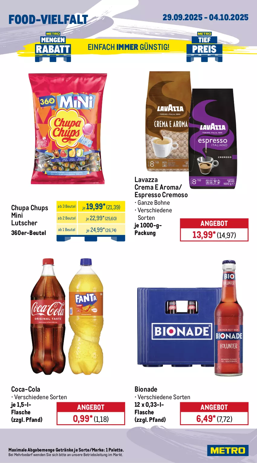 Aktueller Prospekt Metro - Wochen-Angebote Gastro - von 29.09 bis 04.10.2025 - strona 14 - produkty: amaro, angebot, bacardi, bacardi rum, beutel, bier, bio, bionade, bohne, chupa, chupa chups, coca-cola, cola, ecco, eis, espresso, flasche, franziskaner, frucht, fruchtsecco, getränk, getränke, lavazza, Lutscher, Metro, metro gastro, Palette, rama, ramazzott, ramazzotti, reis, rotkäppchen, rum, sekt, Ti, tiefpreis, zott