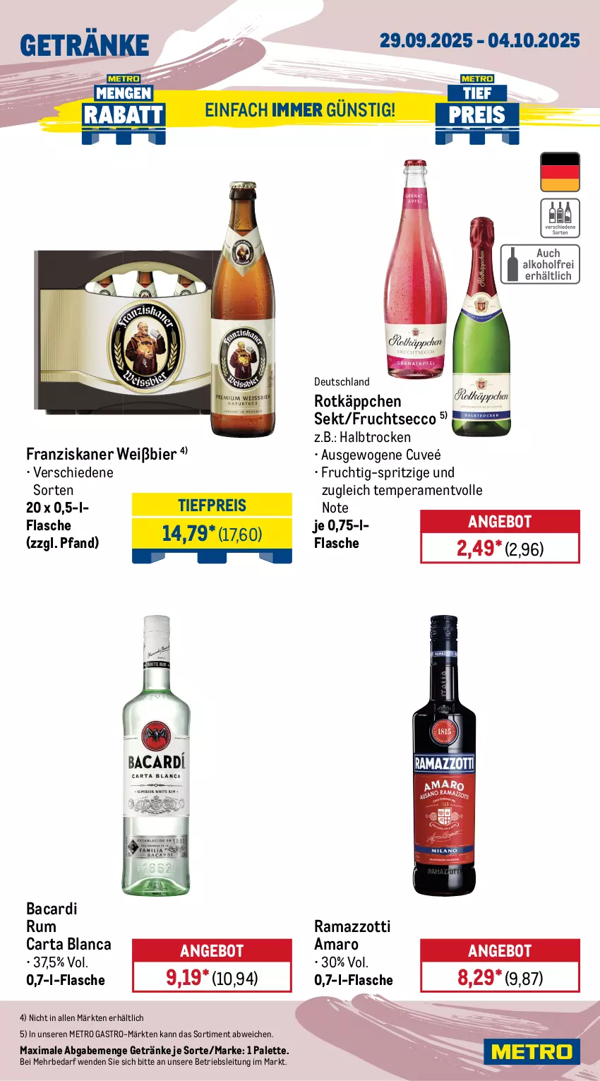 Aktueller Prospekt Metro - Wochen-Angebote Gastro - von 29.09 bis 04.10.2025 - strona 15 - produkty: amaro, angebot, bacardi, bacardi rum, beutel, bier, bio, bionade, bohne, chupa, chupa chups, coca-cola, cola, ecco, eis, espresso, flasche, franziskaner, frucht, fruchtsecco, getränk, getränke, lavazza, Lutscher, Metro, metro gastro, Palette, rama, ramazzott, ramazzotti, reis, rotkäppchen, rum, sekt, Ti, tiefpreis, zott