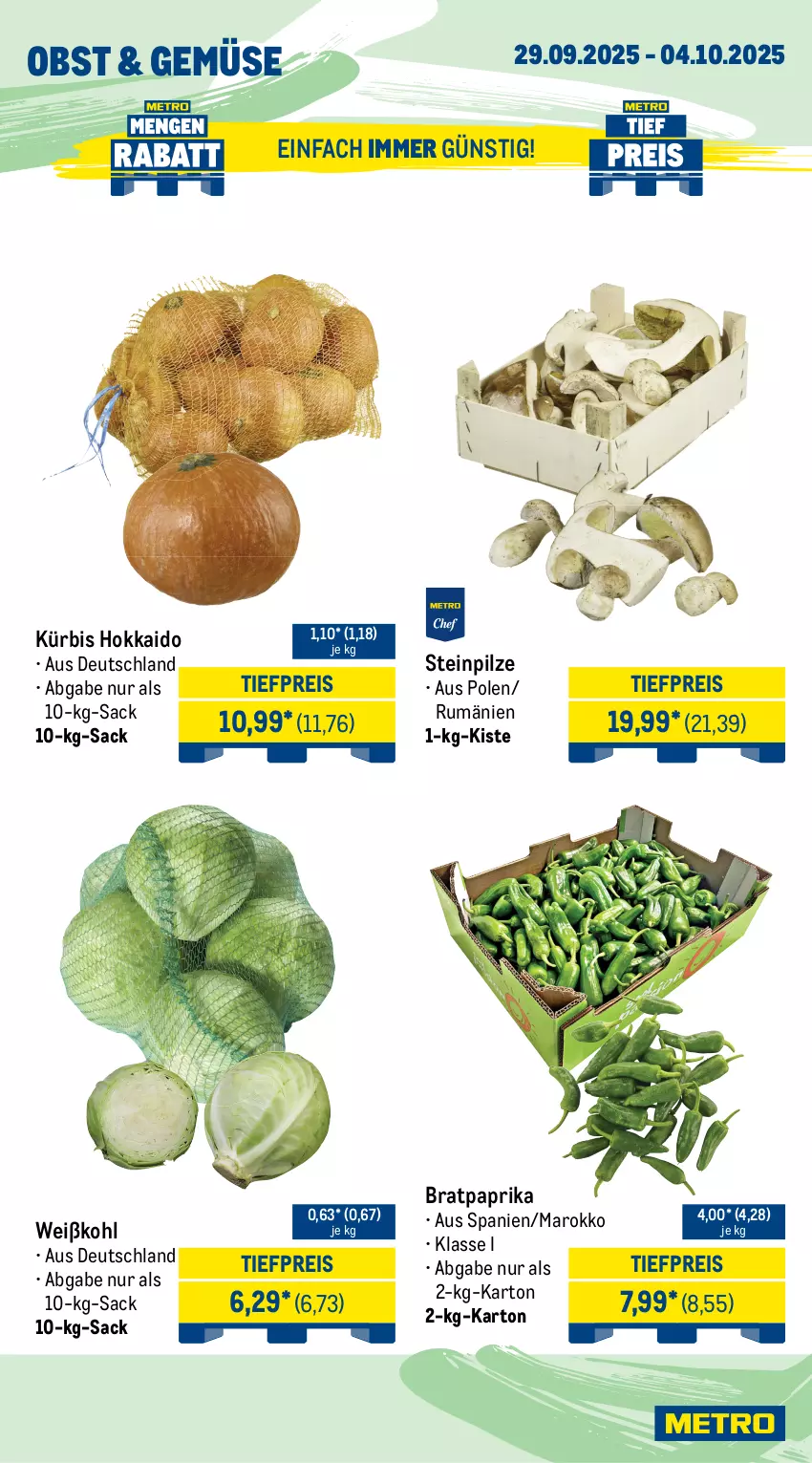 Aktueller Prospekt Metro - Wochen-Angebote Gastro - von 29.09 bis 04.10.2025 - strona 8 - produkty: beutel, bio, butter, eimer, eis, gouda, Kürbis, mac, milch, obst, paprika, pilze, quark, reis, rum, sac, speisequark, Steinpilze, Ti, tiefpreis, Weißkohl