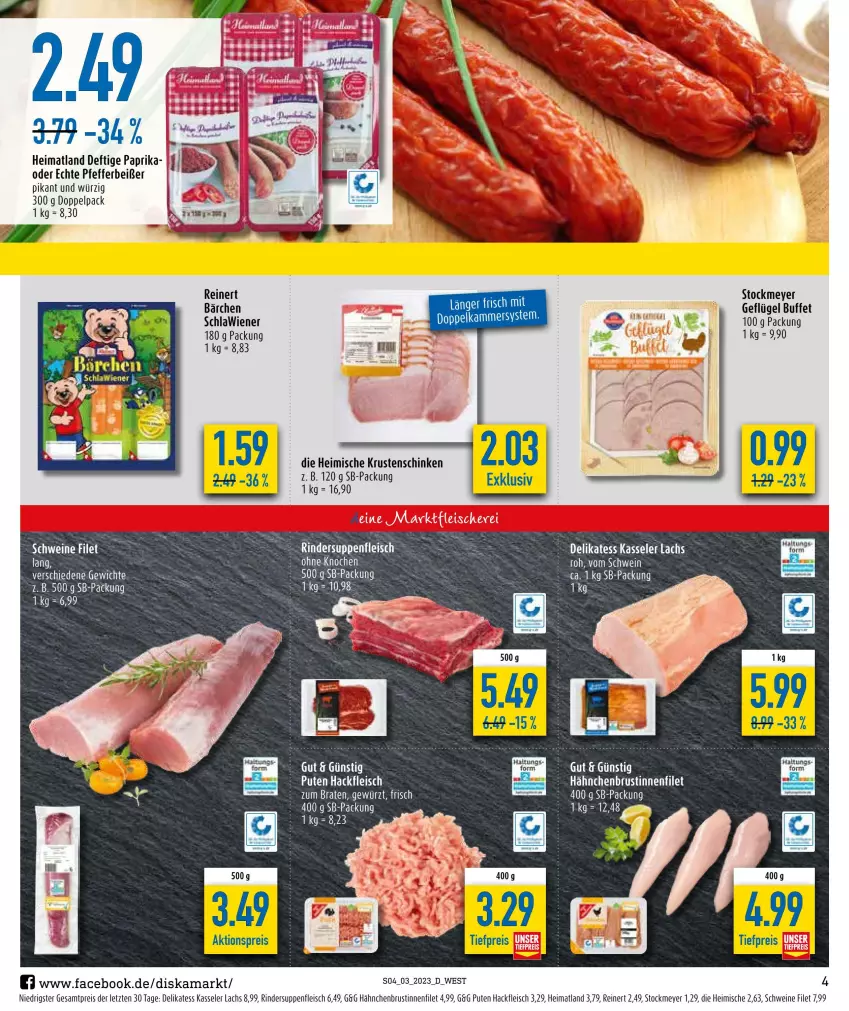 Aktueller Prospekt Diska - Prospekte - von 16.01 bis 21.01.2023 - strona 4 - produkty: aktionspreis, eis, filet, fleisch, Geflügel, hackfleisch, hähnchenbrust, kasseler, Krustenschinken, lachs, paprika, pfeffer, Pfefferbeißer, pute, reinert, reis, rind, rinder, schinken, schwein, schweine, stockmeyer, suppe, suppen, suppenfleisch, Ti, tiefpreis, wein, weine, wiener, ZTE