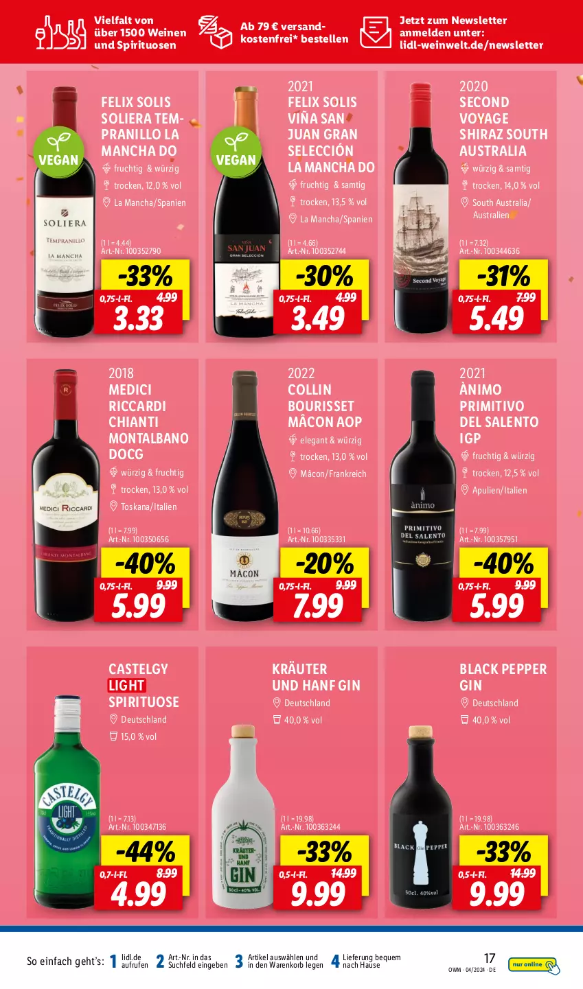 Aktueller Prospekt Lidl - Highlights in der Weinwelt - von 01.04 bis 30.04.2024 - strona 17 - produkty: aust, chia, chianti, elle, felix, frucht, gin, korb, kräuter, lack, LG, ndk, primitivo, spirituosen, tempranillo, Ti, versandkostenfrei, wein, weine