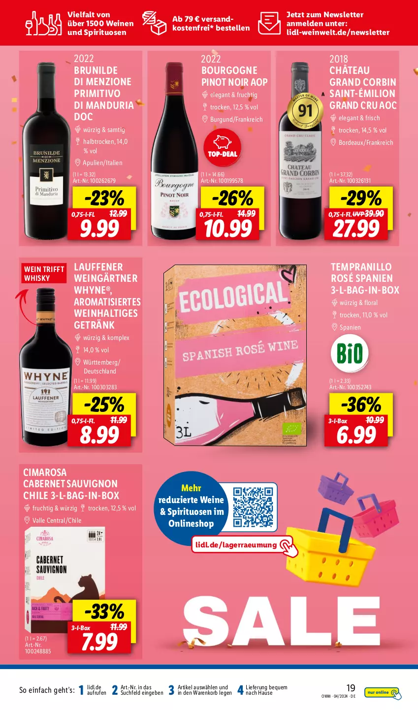 Aktueller Prospekt Lidl - Highlights in der Weinwelt - von 01.04 bis 30.04.2024 - strona 19 - produkty: bag-in-box, Bourgogne, cabernet, cabernet sauvignon, elle, frucht, getränk, korb, lion, ndk, Pinot, pinot noir, primitivo, Ria, sauvignon, spirituosen, tempranillo, Ti, versandkostenfrei, wein, weine, whisky