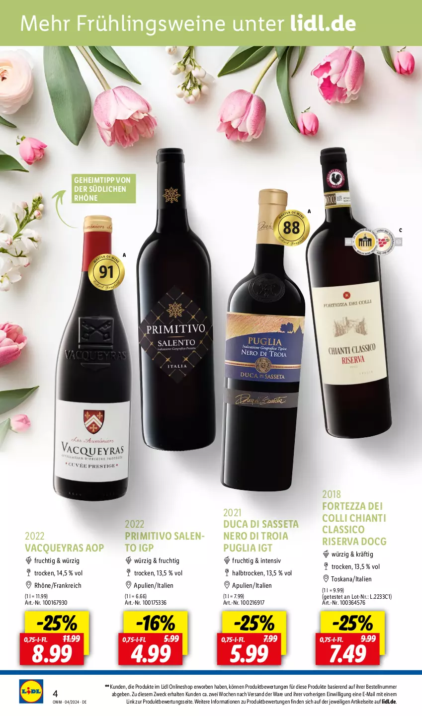 Aktueller Prospekt Lidl - Highlights in der Weinwelt - von 01.04 bis 30.04.2024 - strona 4 - produkty: chia, chianti, classico, frucht, gsw, nero, primitivo, riserva, Ti, weck, wein, weine