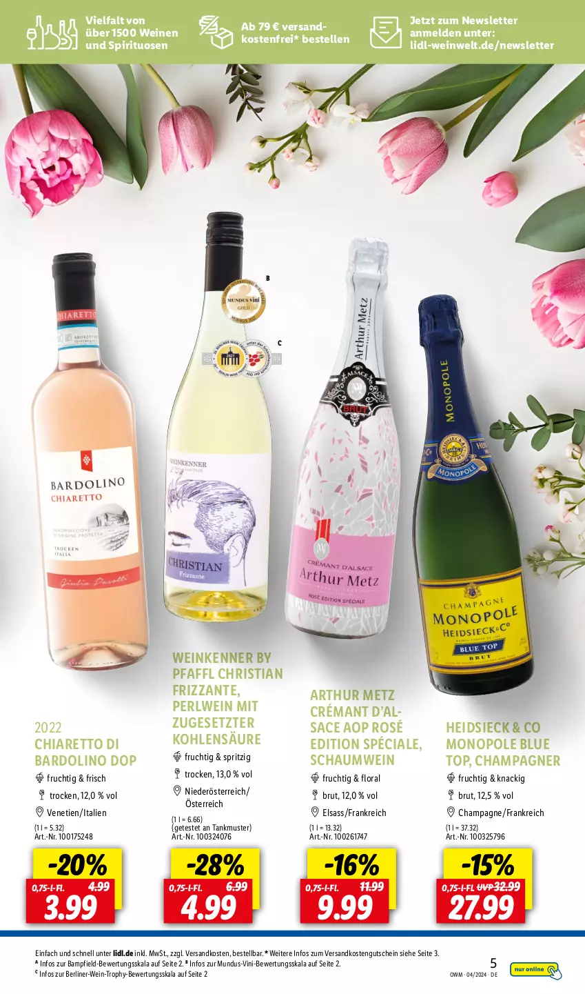 Aktueller Prospekt Lidl - Highlights in der Weinwelt - von 01.04 bis 30.04.2024 - strona 5 - produkty: berliner, brut, champagne, champagner, chia, elle, frizzante, frucht, gutschein, ndk, sac, spirituosen, Ti, versandkostenfrei, wein, weine, ZTE