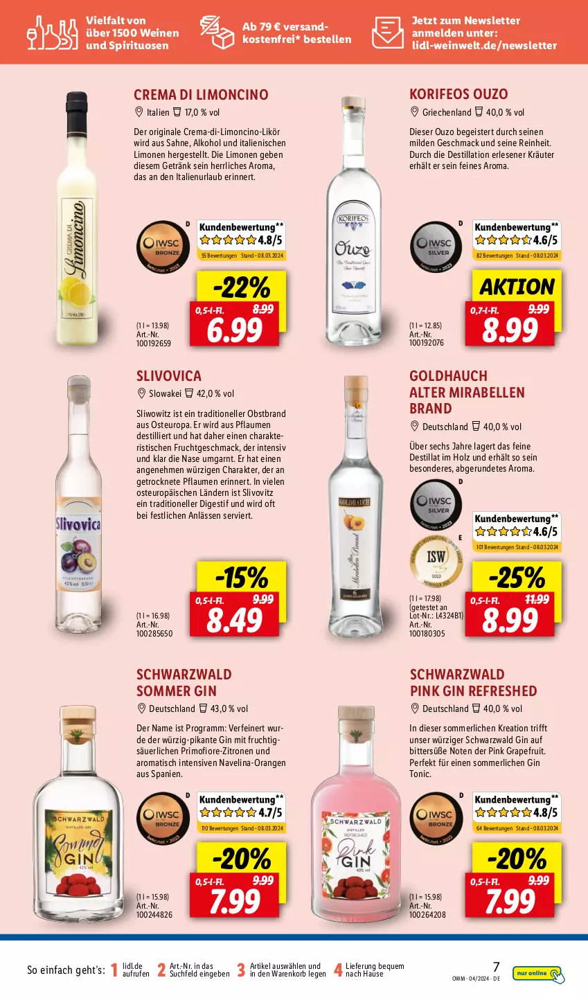 Aktueller Prospekt Lidl - Highlights in der Weinwelt - von 01.04 bis 30.04.2024 - strona 7 - produkty: alkohol, cin, eis, elle, frucht, getränk, gin, grapefruit, Holz, korb, kräuter, likör, limo, limonen, mac, merl, mit frucht, navelina, ndk, obst, Obstbrand, orange, orangen, ouzo, pflaume, pflaumen, sahne, spirituosen, Ti, tisch, tonic, versandkostenfrei, wein, weine, zitrone, zitronen