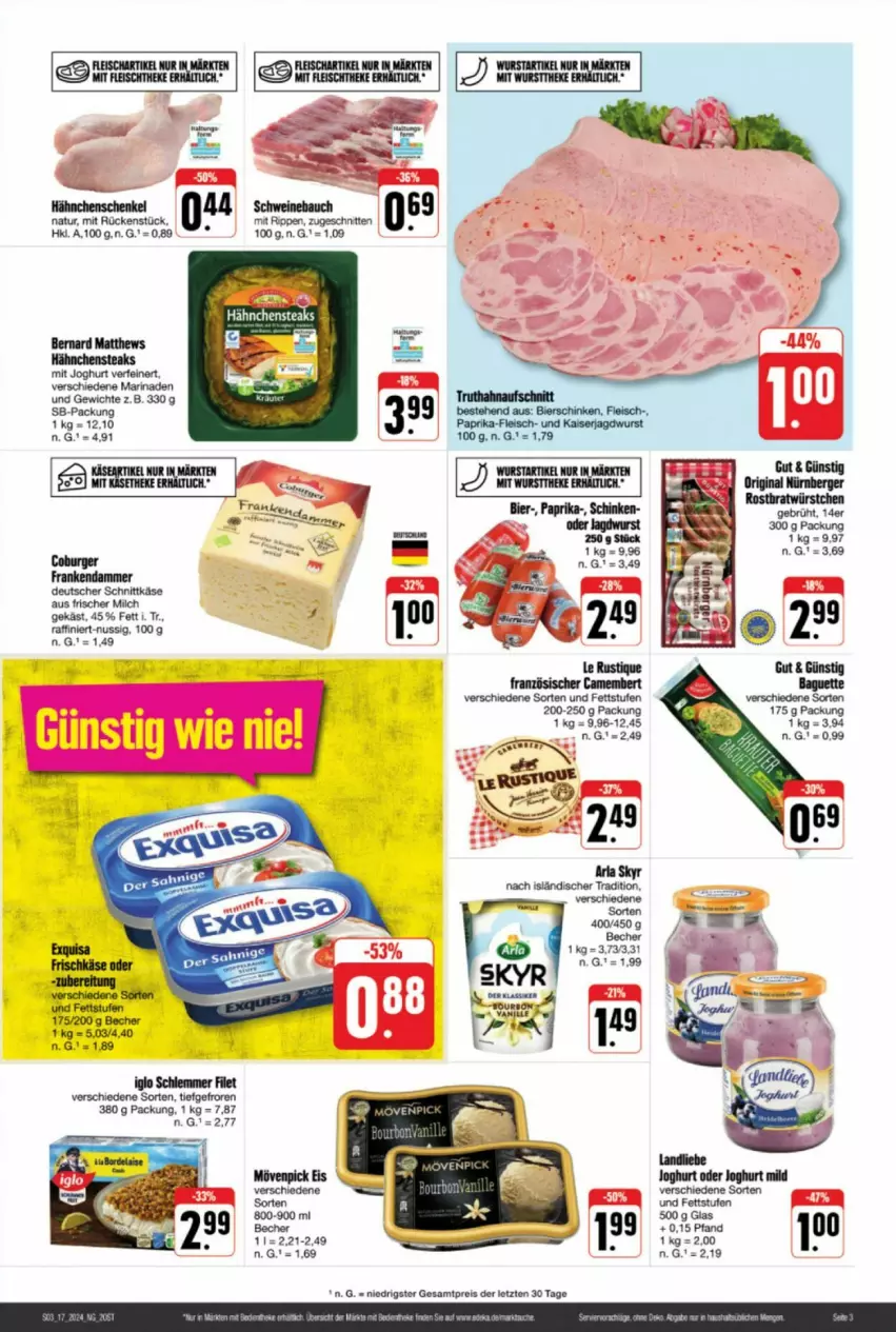 Aktueller Prospekt Edeka - Prospekte - von 20.04 bis 27.04.2024 - strona 3 - produkty: arla, arla skyr, Becher, burger, deutscher schnittkäse, eis, filet, iglo, joghur, joghurt, Käse, marinade, milch, natur, nuss, reis, Rippen, schnitten, schnittkäse, Skyr, Ti, ZTE