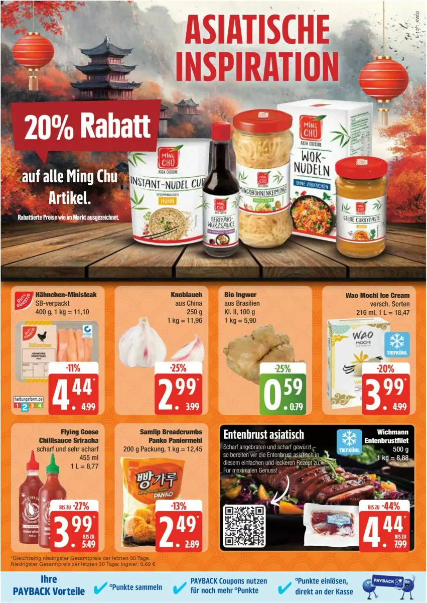 Aktueller Prospekt Edeka - Prospekte - von 13.01 bis 18.01.2025 - strona 17 - produkty: brustfilet, coupon, coupons, eis, ente, Entenbrust, filet, ingwer, knoblauch, mehl, Mochi, Paniermehl, payback, reis, rum, sauce, Sriracha, steak, Ti, ZTE