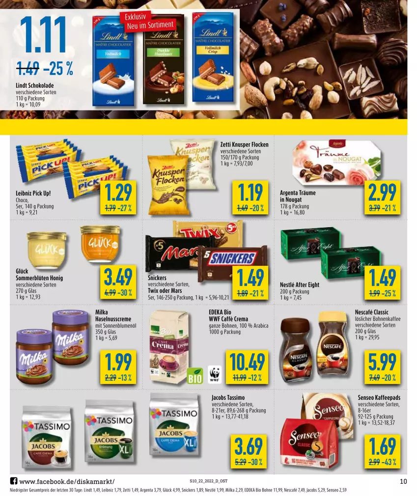 Aktueller Prospekt Diska - Prospekte - von 30.05 bis 04.06.2022 - strona 10 - produkty: after eight, bio, blume, blumen, blumenöl, Blüte, bohne, bohnen, bohnenkaffee, caffe, creme, deka, edeka bio, eis, haselnuss, Haselnusscreme, honig, jacobs, jacobs tassimo, kaffee, kaffeepads, leibniz, lindt, löslicher bohnenkaffee, mars, milka, nescafe, nuss, Pick Up!, reis, schoko, schokolade, senseo, sim, snickers, sonnenblume, sonnenblumen, sonnenblumenöl, tassimo, Ti, twix, ZTE