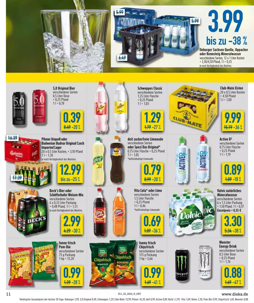 Aktueller Prospekt Diska - Prospekte - von 30.05 bis 04.06.2022 - strona 11 - produkty: Alwa, beck's, bier, budweiser, burger, chips, chipsfrisch, cola, deit, drink, eis, eistee, elle, energy drink, flasche, funny-frisch, gin, limo, limonade, mineralwasser, monster, pils, pilsner, pilsner urquell, pom-bär, reis, sac, schöfferhofer, schweppes, Spezi, tee, Ti, vita, Vita C, volvic, volvic natürliches, wasser, ZTE, zucker