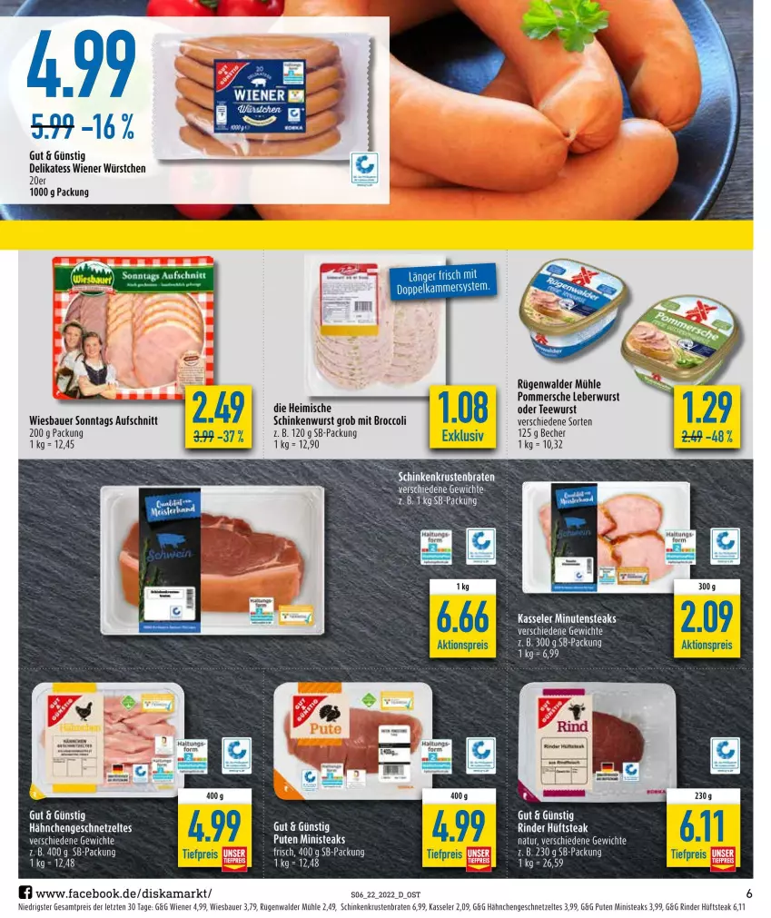 Aktueller Prospekt Diska - Prospekte - von 30.05 bis 04.06.2022 - strona 6 - produkty: aktionspreis, auer, aufschnitt, Bau, Bauer, Becher, braten, broccoli, eis, Elan, geschnetzeltes, Hähnchengeschnetzeltes, hüftsteak, kasseler, krustenbraten, leberwurst, minutensteaks, natur, Pommersche, pute, reis, rind, rinder, rügenwalder, rügenwalder mühle, schinken, schinkenwurst, steak, steaks, tee, teewurst, Ti, tiefpreis, wiener, wiener würstchen, wiesbauer, wurst, würstchen, Zelt, ZTE