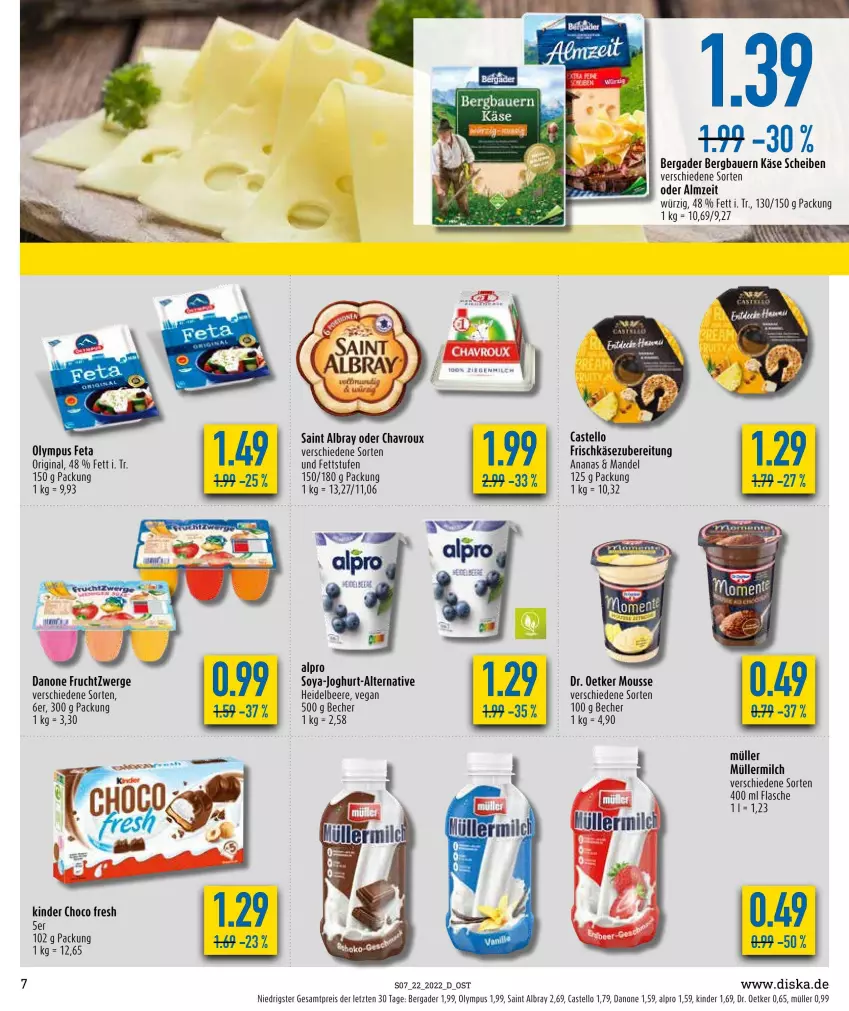 Aktueller Prospekt Diska - Prospekte - von 30.05 bis 04.06.2022 - strona 7 - produkty: albray, alpro, ananas, auer, Bau, Bauer, Becher, beere, bergader, chavroux, choco fresh, danone, danone fruchtzwerge, Dr. Oetker, eis, feta, flasche, frucht, fruchtzwerge, Germ, gin, heidelbeere, joghur, joghurt, Käse, Kinder, Kinder Choco fresh, mandel, milch, mousse, Müller, müllermilch, reis, saint albray, soya, Ti, ZTE