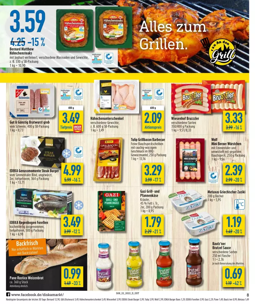 Aktueller Prospekt Diska - Prospekte - von 30.05 bis 04.06.2022 - strona 8 - produkty: aktionspreis, bacon, barbecue, Bau, Becher, bratwurst, brot, brut, bruzzzler, burger, burger buns, deka, eis, elle, emmentaler, ente, flasche, forelle, gewürz, grill, Hähnchensteak, hähnchensteaks, henkel, joghur, joghurt, kräuter, küche, Küchen, mac, Mantel, marinade, Metaxa, nuss, pfanne, pfannen, reis, rel, rind, sauce, schenkel, schwein, sim, Speck, steak, steaks, Ti, tiefpreis, tulip, wein, Weizenbrot, WICK, wiesenhof, wurst, würstchen, zaziki, ZTE