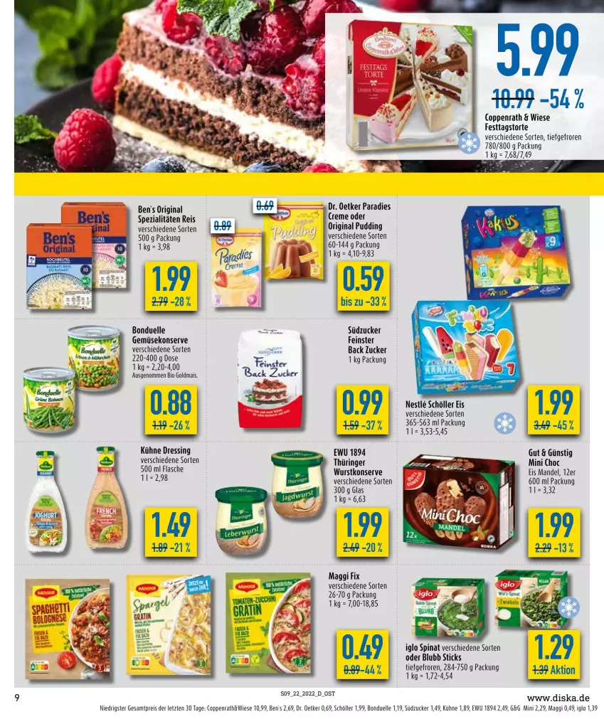 Aktueller Prospekt Diska - Prospekte - von 30.05 bis 04.06.2022 - strona 9 - produkty: bio, bonduelle, coppenrath, creme, Dr. Oetker, dressing, eis, elle, flasche, Gemüsekonserve, gin, Goldmais, iglo, Kühne, maggi, maggi fix, mais, mandel, Paradies Creme, pudding, reis, ring, Schöller, Spezi, spinat, südzucker, Ti, torte, wurst, ZTE, zucker