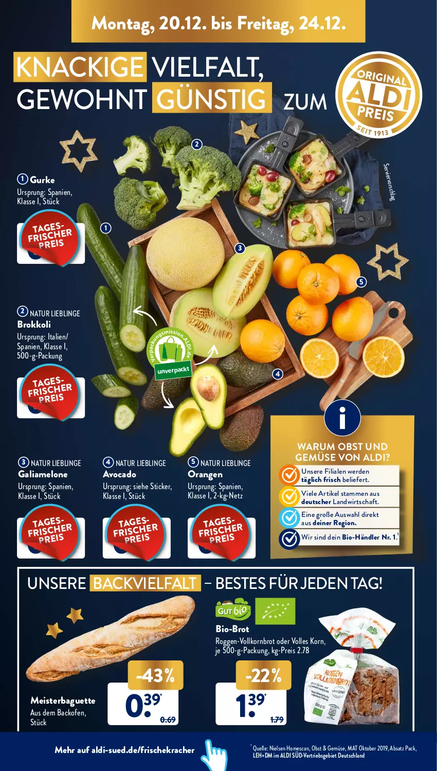 Aktueller Prospekt AldiSud - ALDI Aktuell - von 20.12 bis 24.12.2021 - strona 10 - produkty: aldi, avocado, backofen, baguette, bio, brokkoli, brot, eis, elle, erde, galiamelone, gurke, korn, Kornbrot, kracher, Meister, melone, natur, obst, Obst und Gemüse, Ofen, orange, orangen, reis, rum, Ti, und gemüse, vollkornbrot