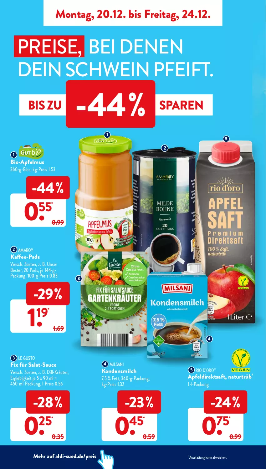 Aktueller Prospekt AldiSud - ALDI Aktuell - von 20.12 bis 24.12.2021 - strona 2 - produkty: aldi, amaro, apfel, Apfeldirektsaft, apfelmus, bio, direktsaft, eis, kaffee, kaffee-pads, kondensmilch, kräuter, milch, natur, reis, saft, salat, sauce, schwein, wein