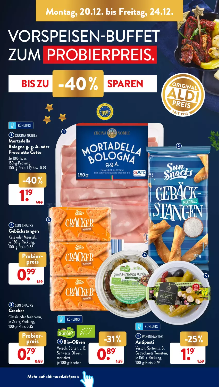 Aktueller Prospekt AldiSud - ALDI Aktuell - von 20.12 bis 24.12.2021 - strona 4 - produkty: aldi, antipasti, asti, Becher, bier, bio, cin, cracker, dell, eis, Getrocknete Tomaten, Käse, korn, meersalz, mortadella, olive, oliven, prosciutto, prosciutto cotto, reis, salz, snack, snacks, Sun Snacks, Ti, tomate, tomaten, vorspeise