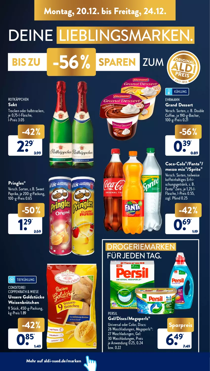 Aktueller Prospekt AldiSud - ALDI Aktuell - von 20.12 bis 24.12.2021 - strona 6 - produkty: aldi, Becher, brötchen, coca-cola, cola, coppenrath, dessert, ehrmann, eis, erfrischungsgetränk, fanta, flasche, getränk, Goldstücke, megaperls, Mezzo Mix, paprika, persil, pringles, reis, ring, rotkäppchen, sekt, sprite, Ti, weizenbrötchen