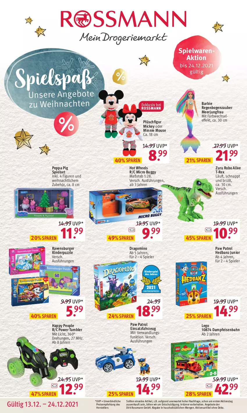 Aktueller Prospekt Rossmann - Prospekte - von 13.12 bis 24.12.2021 - strona 1 - produkty: angebot, angebote, Barbie, Buggy, burger, eis, Eisenbahn, elle, Hot Wheels, Jungfrau, Kinder, Paw Patrol, Peppa Pig, Plüsch, Puzzle, ravensburger, reis, Spiele, spielwaren, teller, Ti