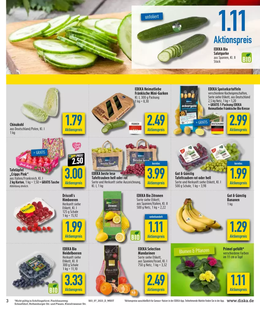 Aktueller Prospekt Diska - Prospekte - von 13.02 bis 18.02.2023 - strona 3 - produkty: aktionspreis, banane, bananen, beere, beeren, bio, burger, deka, edeka bio, eis, fisch, gurke, gurken, heidelbeere, heidelbeeren, himbeer, himbeere, himbeeren, kartoffel, kartoffeln, mandarine, mandarinen, mini-gurken, nuss, reis, salat, Salatgurke, Schal, Schale, speisekartoffeln, tafeläpfel, tafeltrauben, Tasche, tee, Ti, trauben