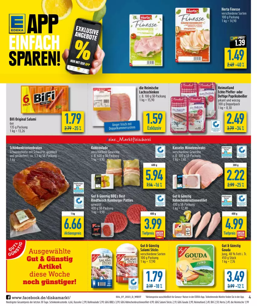 Aktueller Prospekt Diska - Prospekte - von 13.02 bis 18.02.2023 - strona 4 - produkty: aktionspreis, bifi, braten, burger, deka, eis, filet, finesse, fleisch, gewürz, gin, gouda, hähnchenbrust, hamburger, herta, herta finesse, kasseler, krustenbraten, lachs, lachsschinken, minutensteaks, nuss, paprika, pfeffer, Popp, reis, rel, rind, rindfleisch, sac, salami, schinken, schwein, schweine, steak, steaks, tee, Ti, tiefpreis, wein, weine, ZTE