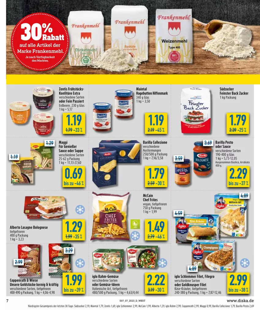 Aktueller Prospekt Diska - Prospekte - von 13.02 bis 18.02.2023 - strona 7 - produkty: barilla, basilico, beere, bolognese, coppenrath, eis, erdbeere, filegro, filet, Goldstücke, iglo, Käse, konfitüre, konfitüre extra, kräuter, lasagne, mccain, pesto, rahm-gemüse, reis, sauce, südzucker, suppe, Ti, zentis, ZTE, zucker