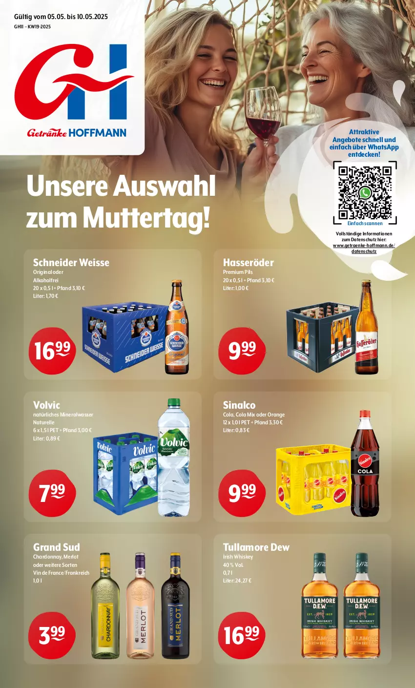 Aktueller Prospekt Getraenke Hoffmann - Prospekte - von 05.05 bis 10.05.2025 - strona 1 - produkty: alkohol, Alwa, angebot, angebote, chardonnay, cola, decke, eis, elle, gin, grand sud, hasseröder, irish whiskey, merl, merlot, mineralwasser, natur, natürliches mineralwasser, orange, pils, premium pils, rel, sinalco, Ti, tullamore, tullamore dew, vin de france, volvic, wasser, whiskey