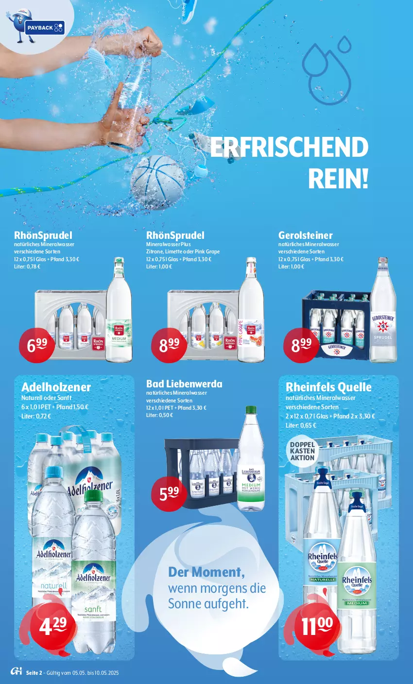 Aktueller Prospekt Getraenke Hoffmann - Prospekte - von 05.05 bis 10.05.2025 - strona 2 - produkty: adelholzener, Alwa, Bad, Bad Liebenwerda, elle, gerolsteine, gerolsteiner, Holz, limette, Mett, mineralwasser, natur, natürliches mineralwasser, rel, rheinfels quelle, RhönSprudel, Sprudel, steiner, Ti, wasser, zitrone