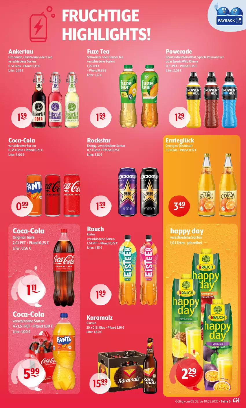 Aktueller Prospekt Getraenke Hoffmann - Prospekte - von 05.05 bis 10.05.2025 - strona 3 - produkty: brause, coca-cola, cola, direktsaft, eis, eistee, fassbrause, frucht, fuze tea, gin, grüner tee, Happy Day, karamalz, limo, limonade, malz, orange, orangen, rama, Rauch, Rockstar, saft, Sport, tee, Ti, Wild