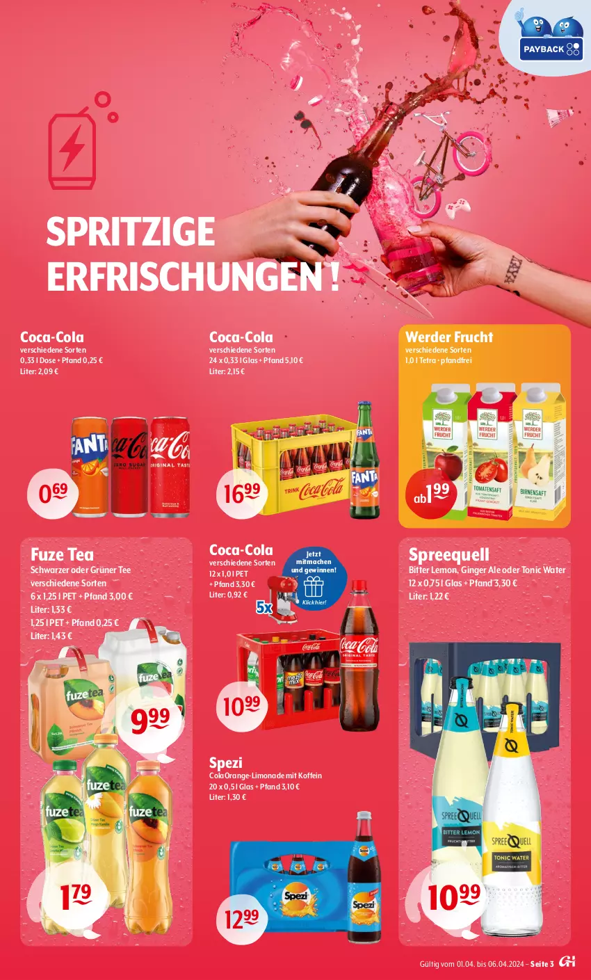 Aktueller Prospekt Getraenke Hoffmann - Prospekte - von 02.04 bis 06.04.2024 - strona 3 - produkty: bitter lemon, coca-cola, cola, erde, frucht, fuze tea, gin, ginger, ginger ale, grüner tee, limo, limonade, mac, orange, Spezi, Spreequell, tee, Ti, tonic, tonic water