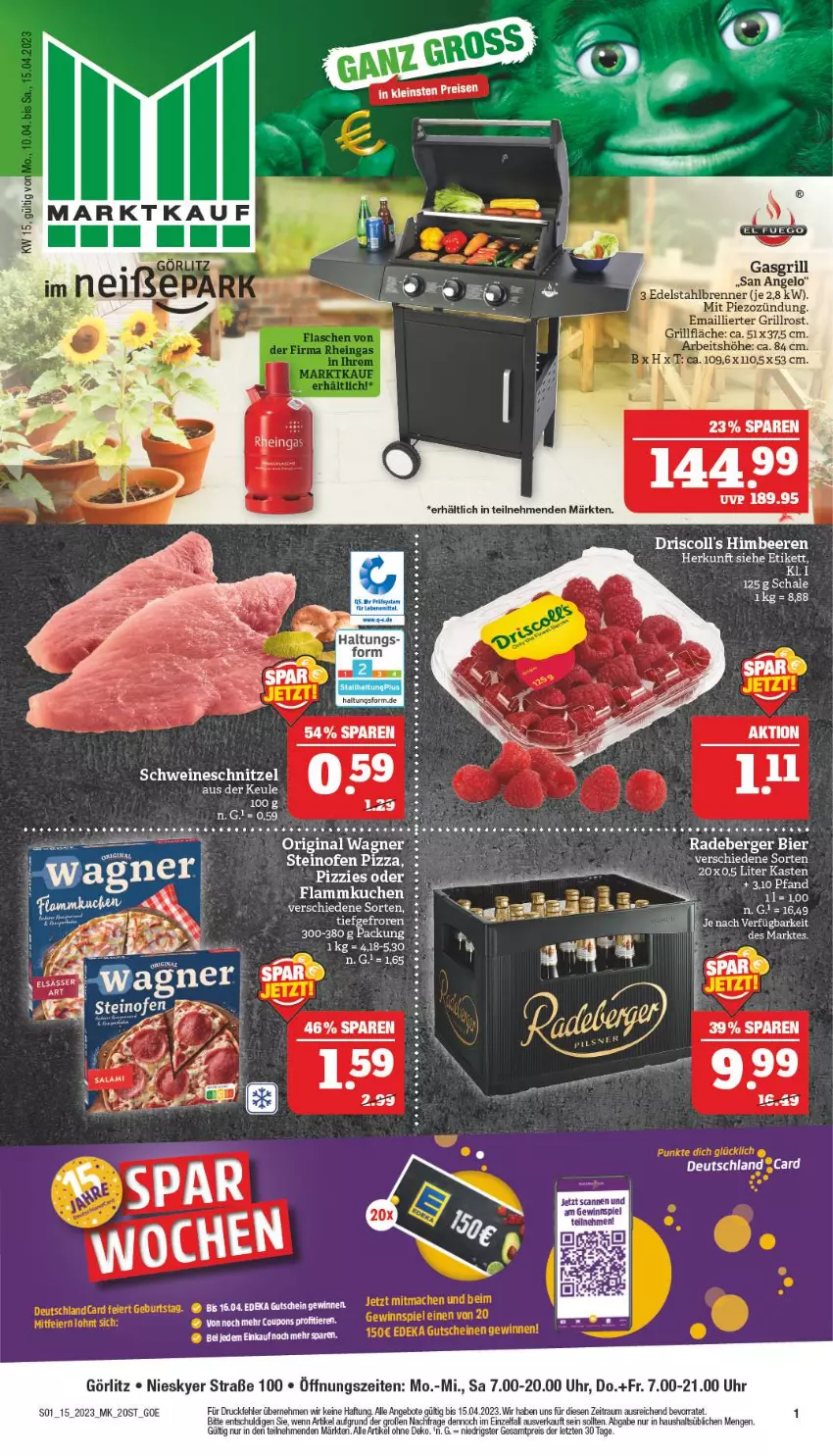 Aktueller Prospekt Marktkauf - Prospekt - von 09.04 bis 15.04.2023 - strona 1 - produkty: angebot, angebote, beere, beeren, Berger, bier, driscoll's, eier, eis, flammkuchen, gasgrill, gewinnspiel, gin, grill, himbeer, himbeere, himbeeren, kuchen, lamm, Ofen, original wagner, pizza, radeberger, reis, salami, Schal, Schale, schnitzel, schwein, schweine, schweineschnitzel, steinofen, steinofen pizza, Ti, uhr, wagner, wein, weine, ZTE