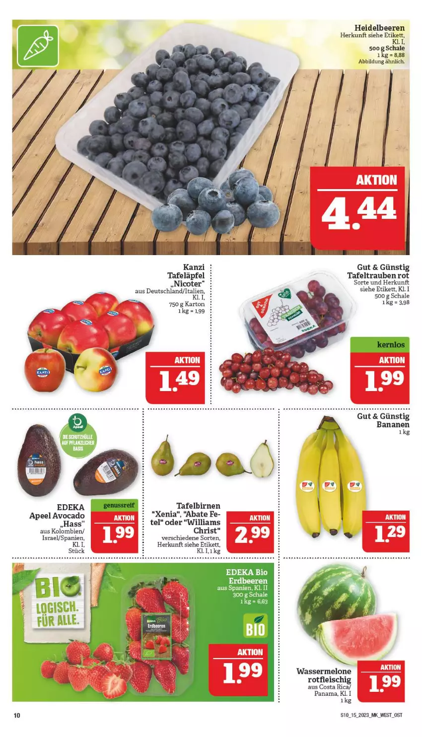 Aktueller Prospekt Marktkauf - Prospekt - von 09.04 bis 15.04.2023 - strona 10 - produkty: avocado, banane, bananen, beere, beeren, bio, Birnen, deka, edeka bio, eis, fleisch, heidelbeere, heidelbeeren, melone, Schal, Schale, tafeläpfel, tafelbirnen, tafeltrauben, Ti, trauben, wasser, wassermelone