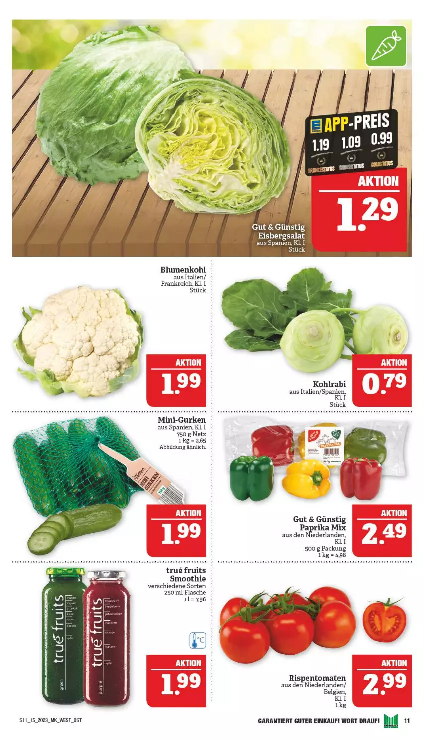 Aktueller Prospekt Marktkauf - Prospekt - von 09.04 bis 15.04.2023 - strona 11 - produkty: blume, blumen, blumenkohl, eis, eisbergsalat, flasche, gurke, gurken, kohlrabi, LG, mini-gurken, paprika, paprika mix, rispentomaten, salat, smoothie, Ti, tomate, tomaten