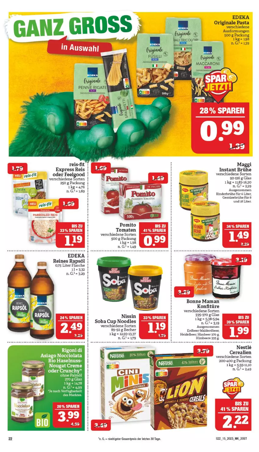 Aktueller Prospekt Marktkauf - Prospekt - von 09.04 bis 15.04.2023 - strona 22 - produkty: Becher, beere, bio, bonne maman, Brühe, cerealien, creme, deka, eis, flasche, Gemüsebrühe, gin, haselnuss, himbeer, himbeere, konfitüre, LG, maggi, mam, Nissin, nougat creme, nuss, ohne palmöl, pasta, pomito, rapsöl, reines rapsöl, reis, reis-fit, rind, rinder, Ti, tomate, tomaten, ZTE