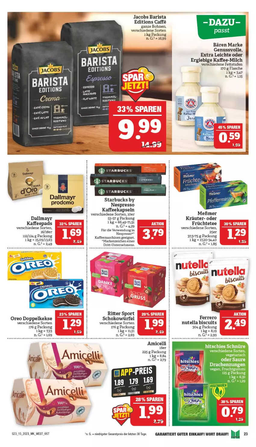 Aktueller Prospekt Marktkauf - Prospekt - von 09.04 bis 15.04.2023 - strona 23 - produkty: amicelli, bohne, bohnen, caffe, dallmayr, Doppelkekse, eis, espresso, ferrero, flasche, früchte, Früchtetee, jacobs, kaffee, kaffeekapseln, kaffeemaschine, kaffeepads, keks, kekse, kräuter, latte, Meßmer, milch, nespresso, nuss, nutella, oreo, prodomo, reis, ritter, ritter sport, schoko, schokowürfel, Sport, starbucks, tee, Ti, Vegeta, würfel, ZTE