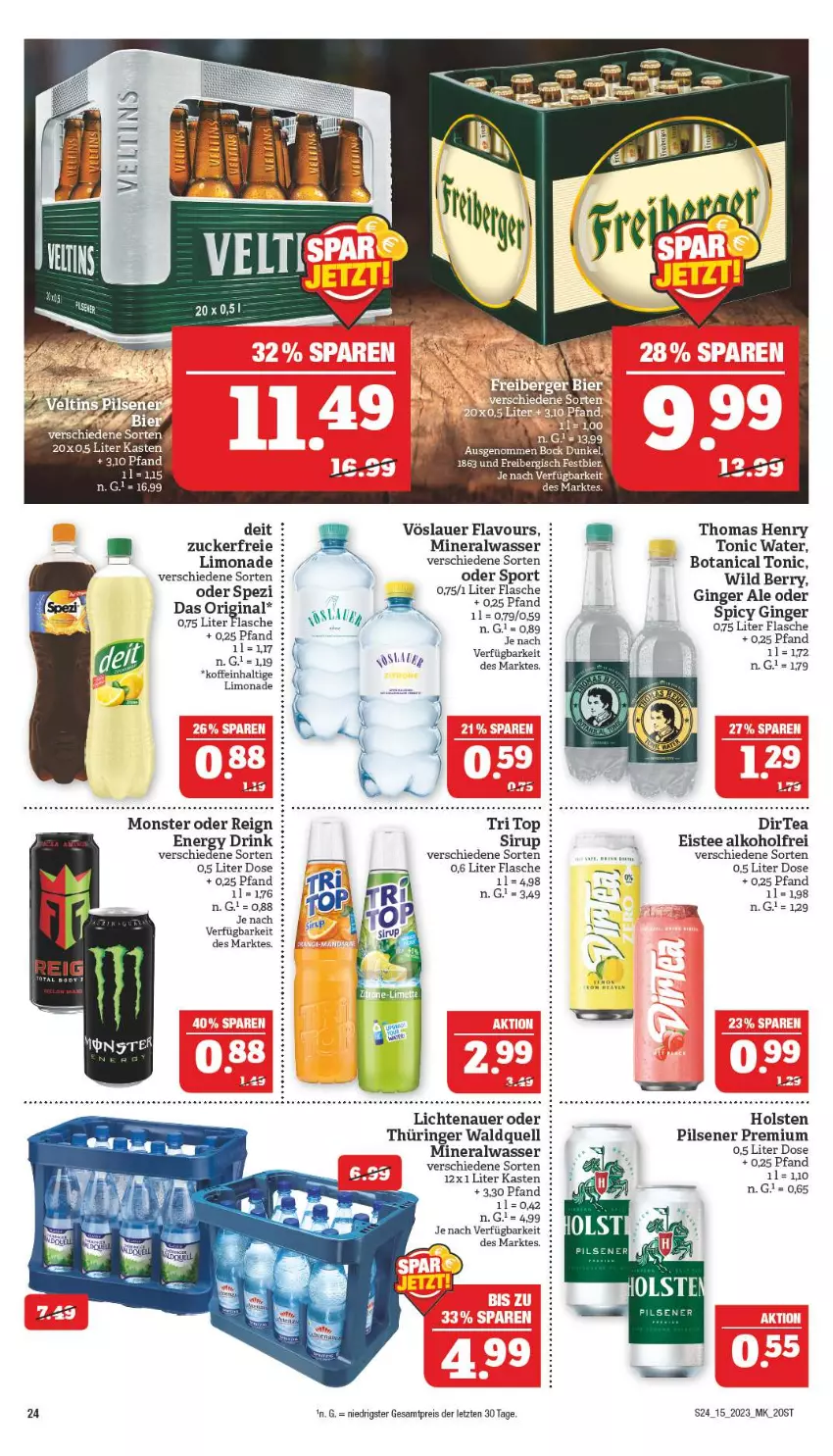 Aktueller Prospekt Marktkauf - Prospekt - von 09.04 bis 15.04.2023 - strona 24 - produkty: alkohol, Alwa, auer, bier, deit, drink, eis, eistee, energy drink, flasche, gin, ginger, ginger ale, holsten, holsten pilsener, lichtenauer, limo, limonade, mineralwasser, monster, pils, pilsener, reis, ring, sirup, slip, Spezi, Sport, tee, thomas henry, Ti, tonic, tonic water, vöslauer, wasser, Wild, wild berry, ZTE, zucker