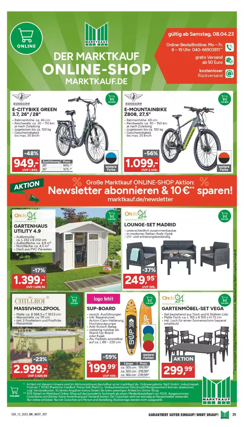 Aktueller Prospekt Marktkauf - Prospekt - von 09.04 bis 15.04.2023 - strona 29 - produkty: Bau, eis, Garten, Gartenhaus, gartenmöbel, Holz, Kajak, korb, lounge-set, massivholz, möbel, Mode, Mountainbike, paneel, pool, reis, sonnenschirm, Stühl, Ti, tisch, wasser