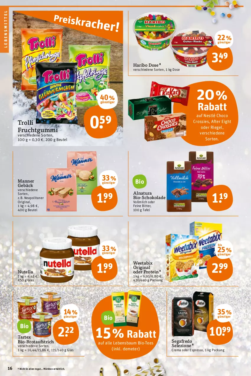 Aktueller Prospekt Tegut - Angebote der Woche - von 27.12 bis 31.12.2021 - strona 18 - produkty: after eight, aufstrich, Bau, beutel, bio, brot, brotaufstrich, choco crossies, crossies, espresso, frucht, fruchtgummi, gin, haribo, lebensmittel, Manner, milch, natur, natura, nestlé, nutella, oder espresso, riegel, schoko, schokolade, Segafredo, tee, Ti, trolli, trolli fruchtgummi, vollmilch