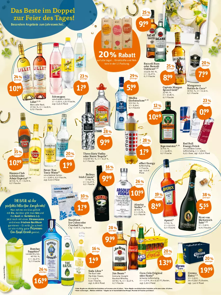 Aktueller Prospekt Tegut - Angebote der Woche - von 27.12 bis 31.12.2021 - strona 2 - produkty: Absolut Vodka, alkohol, angebot, angebote, aperol, bacardi, bacardi rum, baileys, basilikum, batida, beutel, bombay sapphire, bourbon, bourbon whiskey, Cap, captain morgan, coca-cola, cola, corona, corona extra, crushed ice, drink, drinks, dry gin, Effect, eier, eis, energy drink, fanta, fever-tree, flasche, fürst von metternich, garnier, Germ, getränk, getränke, gin, Gorbatschow, Havana Club, irish cream, jägermeister, jim beam, kentucky straight, lillet, london dry, london dry gin, mangaroca, Meister, Mett, metternich, Nektar, oakheart, red bull, rum, säfte, sapphire, schweppes, sekt, Sierra, sierra tequila, Soda, tequila, Three Sixty, Ti, tonic, tonic water, tuc, vodka, whiskey, wodka, zitrone, zitronen