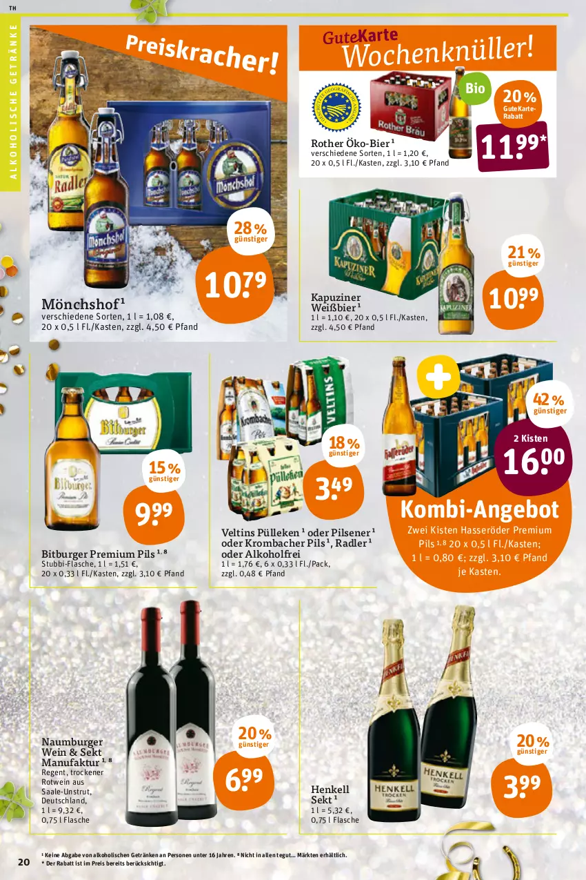 Aktueller Prospekt Tegut - Angebote der Woche - von 27.12 bis 31.12.2021 - strona 22 - produkty: alkohol, alkoholische getränke, angebot, bier, bio, bitburger, burger, eis, Faktu, flasche, getränk, getränke, hasseröder, henkel, henkell, henkell sekt, krombache, krombacher, krombacher pils, mönchshof, pils, pilsener, premium pils, radler, reis, rotwein, sekt, Ti, veltins, wein