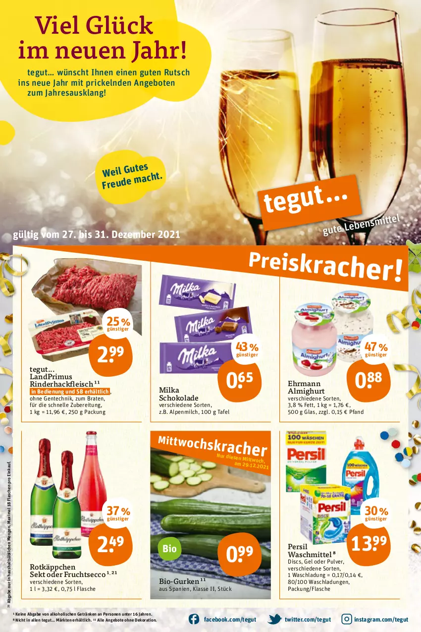 Aktueller Prospekt Tegut - Angebote der Woche - von 27.12 bis 31.12.2021 - strona 3 - produkty: alkohol, almighur, almighurt, alpenmilch, angebot, angebote, bio, braten, dekoration, ecco, ehrmann, ehrmann almighurt, eis, elle, ente, flasche, fleisch, frucht, fruchtsecco, getränk, getränke, gurke, gurken, hackfleisch, landprimus, milch, milka, milka schokolade, persil, persil waschmittel, resa, rind, rinder, rinderhackfleisch, rotkäppchen, schoko, schokolade, sekt, Ti, waschmittel