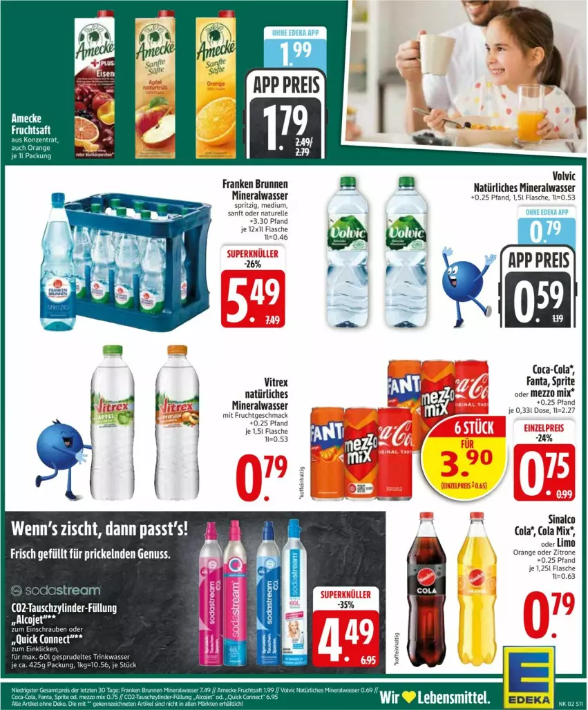 Aktueller Prospekt Edeka - Prospekte - von 05.01 bis 10.01.2026 - strona 13 - produkty: Alwa, amecke, brunnen, coca-cola, cola, deka, eis, elle, fanta, flasche, franken brunnen, frucht, fruchtsaft, limo, mac, Mezzo Mix, mineralwasser, mit frucht, natur, natürliches mineralwasser, orange, reis, rel, saft, schrauben, sinalco, sprite, Sprudel, vitrex, volvic, wasser, zitrone