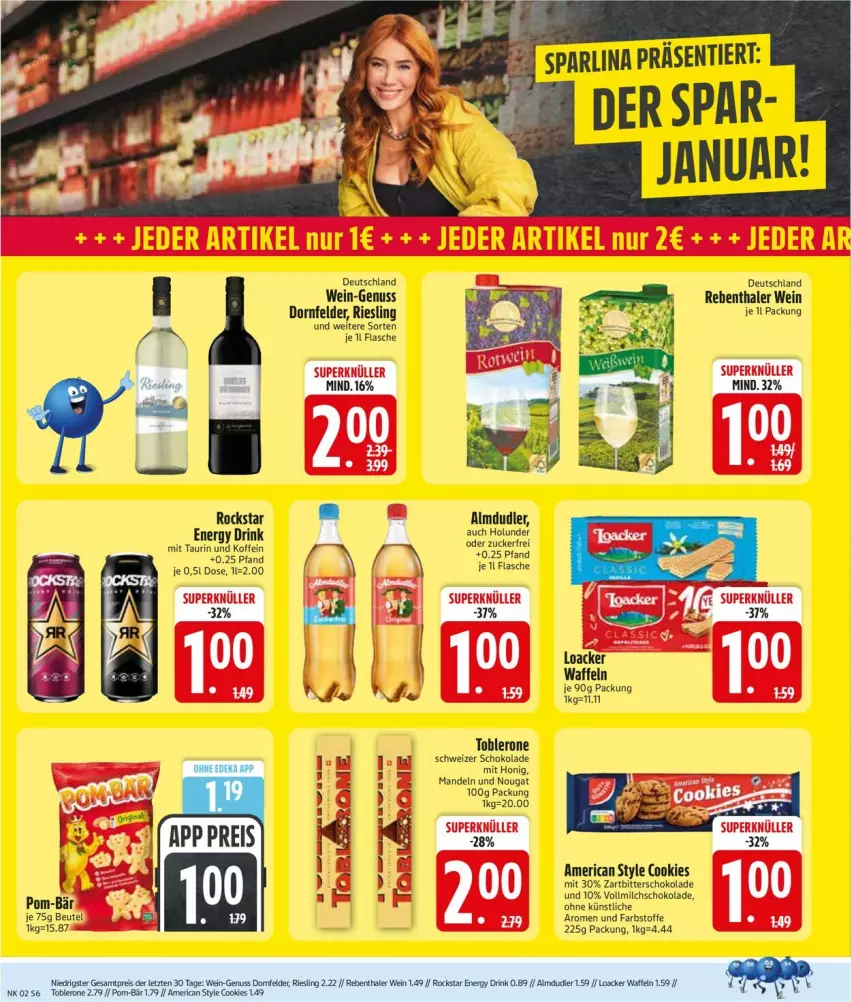 Aktueller Prospekt Edeka - Prospekte - von 05.01 bis 10.01.2026 - strona 8 - produkty: almdudler, beutel, cookie, cookies, deka, dornfelder, drink, energy drink, flasche, holunder, honig, mandel, mandeln, milch, nuss, pom-bär, riesling, Rockstar, schoko, schokolade, Ti, toblerone, vollmilch, waffeln, wein, Zartbitterschokolade, ZTE, zucker