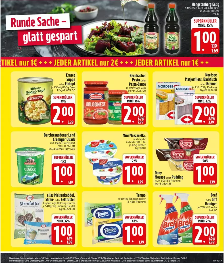 Aktueller Prospekt Edeka - Prospekte - von 05.01 bis 10.01.2026 - strona 9 - produkty: backfisch, Becher, bernbacher, beutel, bio, Bref, Dany, eintopf, eis, elle, erasco, essig, feuchtes toilettenpapier, filet, filets, fisch, flasche, hengstenberg, hühner, joghur, joghurt, Knödel, matjes, Matjesfilet, matjesfilets, Meisenknödel, Meister, mousse, mozzarella, Nordsee, nudel, nudel-topf, papier, pasta, pasta-sauce, pesto, pudding, quark, reiniger, rel, sauce, suppe, Tempo, toilettenpapier, topf, Vogelfutter, Wild