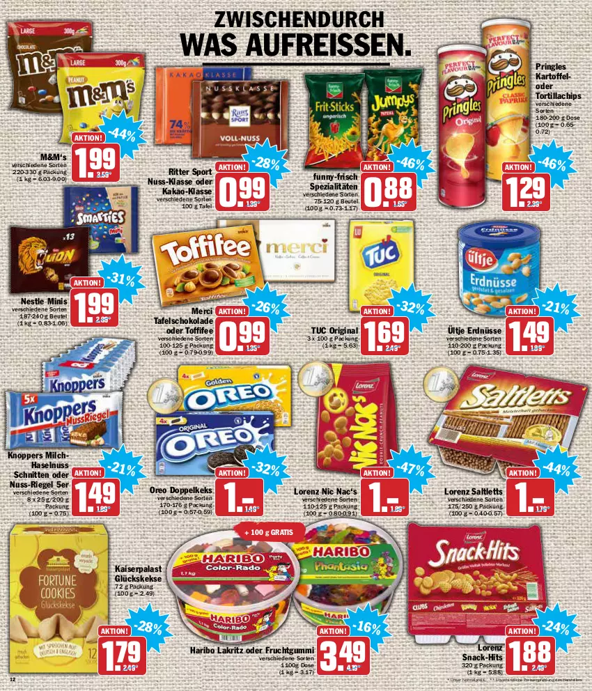 Aktueller Prospekt Aez - Prospekte - von 27.12 bis 31.12.2021 - strona 12 - produkty: beutel, chips, eis, elle, erdnüsse, frucht, fruchtgummi, funny-frisch, gin, haribo, haselnuss, Kaiser, kakao, kartoffel, keks, kekse, knoppers, Lakritz, lorenz, merci, milch, nuss, oreo, pringles, reis, reiss, riegel, ring, ritter, ritter sport, saltletts, schnitten, schoko, schokolade, snack, Spezi, Sport, tafelschokolade, teller, Ti, toffifee, tortilla, tuc, ültje, ültje erdnüsse