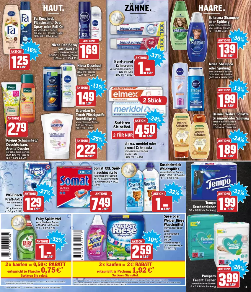 Aktueller Prospekt Aez - Prospekte - von 27.12 bis 31.12.2021 - strona 13 - produkty: Bad, balsam, blend-a-med, Cap, coupon, creme, deo, deo spray, dusche, duschgel, eis, elle, elmex, fa duschgel, fairy, flasche, flüssigseife, garnier, kneipp, kraft, Kuschelweich, meridol, nivea, pampers, pasta, reis, roll-on, sagrotan, schauma, schauma shampoo, schaumbad, Seife, shampoo, shampoo oder spülung, somat, spee, spülmaschinen, spülmaschinentabs, spülmittel, spülung, Tasche, taschen, taschentücher, teller, Tempo, Ti, Tiere, tücher, Wahre Schätze, waschmittel, weichspüler, zahncreme, zahnpasta