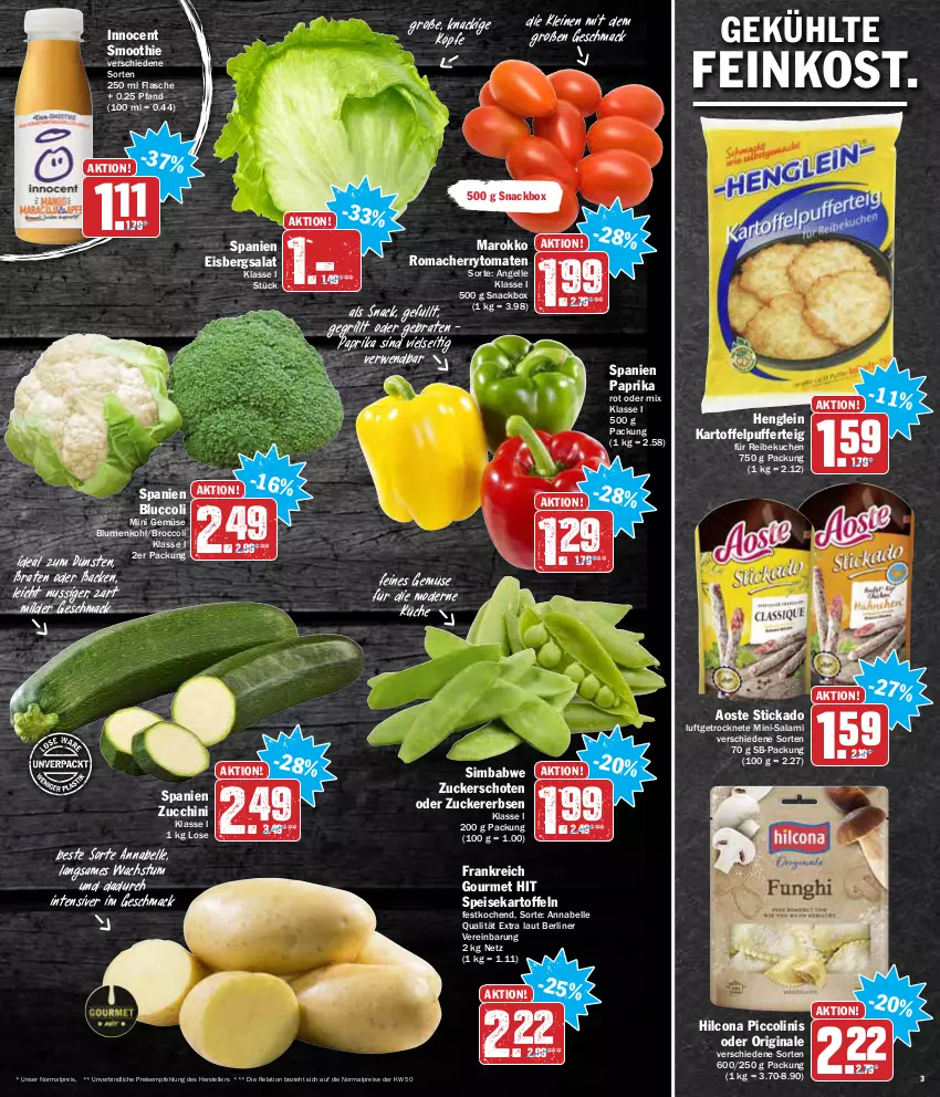 Aktueller Prospekt Aez - Prospekte - von 27.12 bis 31.12.2021 - strona 3 - produkty: aoste stickado, berliner, Bluccoli, blume, blumen, blumenkohl, braten, broccoli, cherrytomaten, eis, eisbergsalat, elle, erbsen, feinkost, flasche, gin, grill, henglein, hilcona, Innocent, kartoffel, kartoffeln, kartoffelpuffer, küche, kuchen, leine, mac, Mini-Salami, Mode, nuss, paprika, paprika rot, piccolinis, reis, rel, rwe, salami, salat, sim, simba, smoothie, snack, speisekartoffeln, stickado, teller, Ti, tomate, tomaten, zucchini, zucker