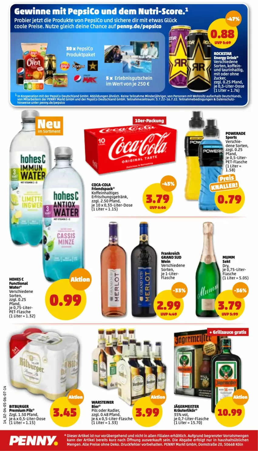 Aktueller Prospekt Penny - Prospekte - von 04.07 bis 09.07.2022 - strona 14 - produkty: auer, bier, bitburger, burger, coca-cola, cola, eis, flasche, Germ, grand sud, gutschein, jägermeister, kräuter, kräuterlikör, likör, Meister, mumm, oder radler, pepsi, pet-flasche, pils, premium pils, radler, reis, sekt, Sport, steiner, Ti, warsteiner, wein