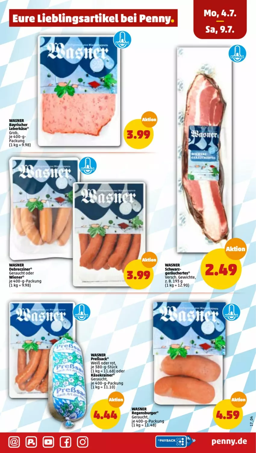 Aktueller Prospekt Penny - Prospekte - von 04.07 bis 09.07.2022 - strona 17 - produkty: burger, debrecziner, Käse, Käsekrainer, leberkäs, leberkäse, Rauch, regensburger, sac