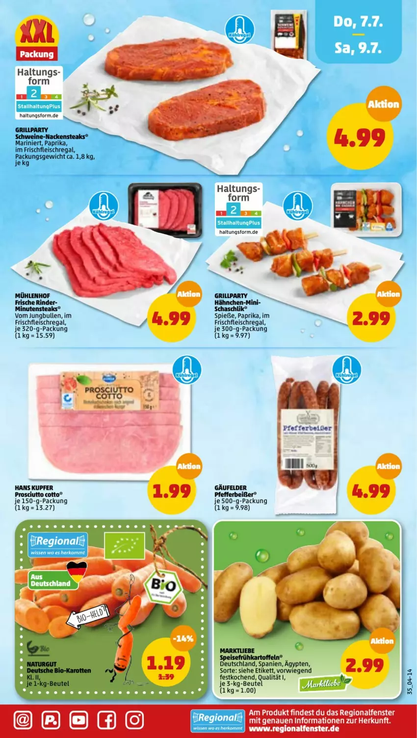 Aktueller Prospekt Penny - Prospekte - von 04.07 bis 09.07.2022 - strona 35 - produkty: beutel, eis, fenster, fleisch, Frühkartoffeln, grill, jungbullen, kartoffel, kartoffeln, minutensteaks, Nackensteak, nackensteaks, paprika, pfeffer, Pfefferbeißer, prosciutto, prosciutto cotto, regal, rind, rinder, schwein, schweine, speisefrühkartoffeln, steak, steaks, Ti, wein, weine